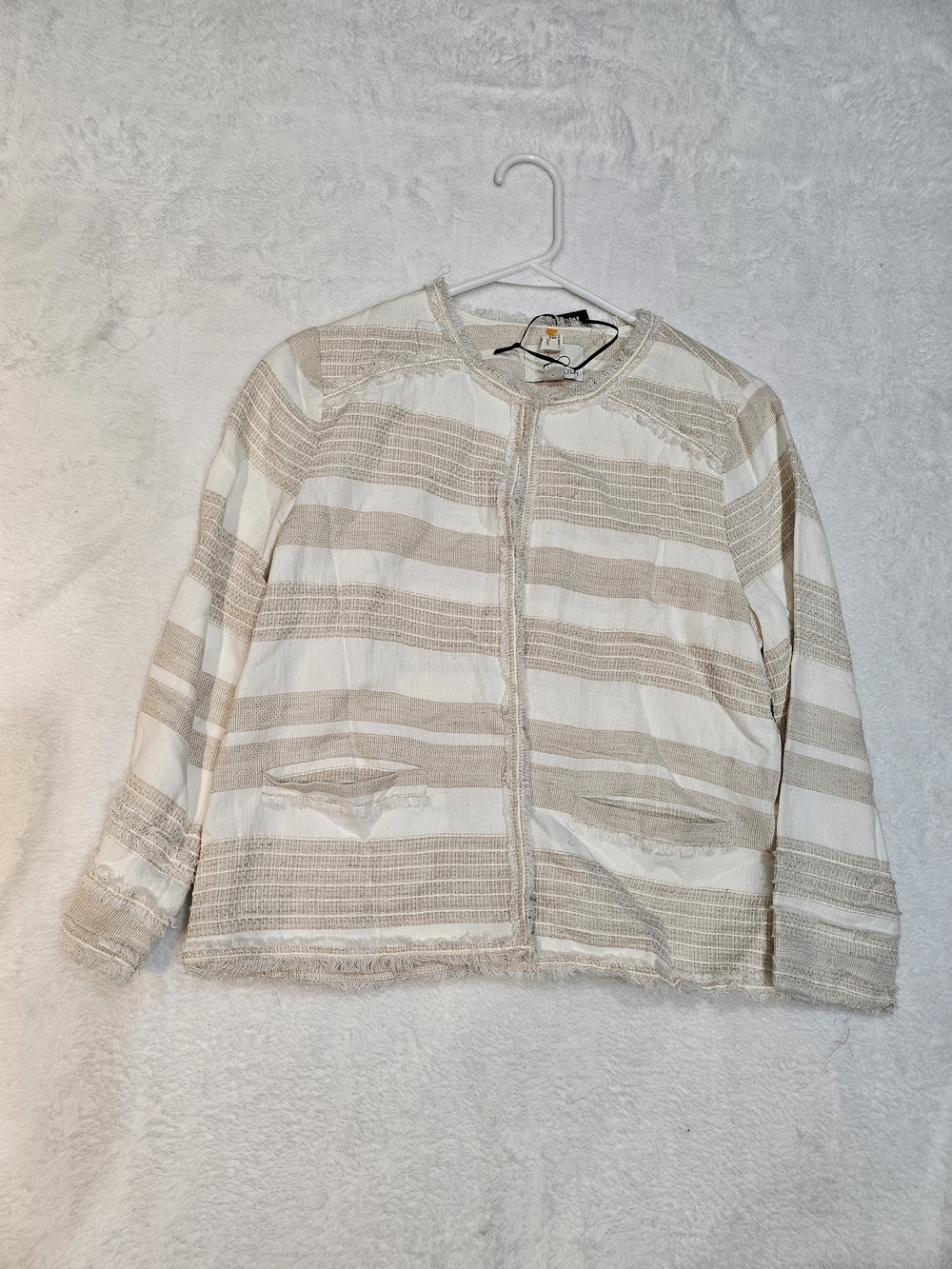 Greylin Neutral Striped Fringe-Trim Jacket